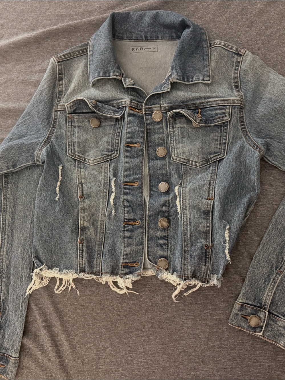 VIP Distressed Light Blue Cropped Denim Jacket